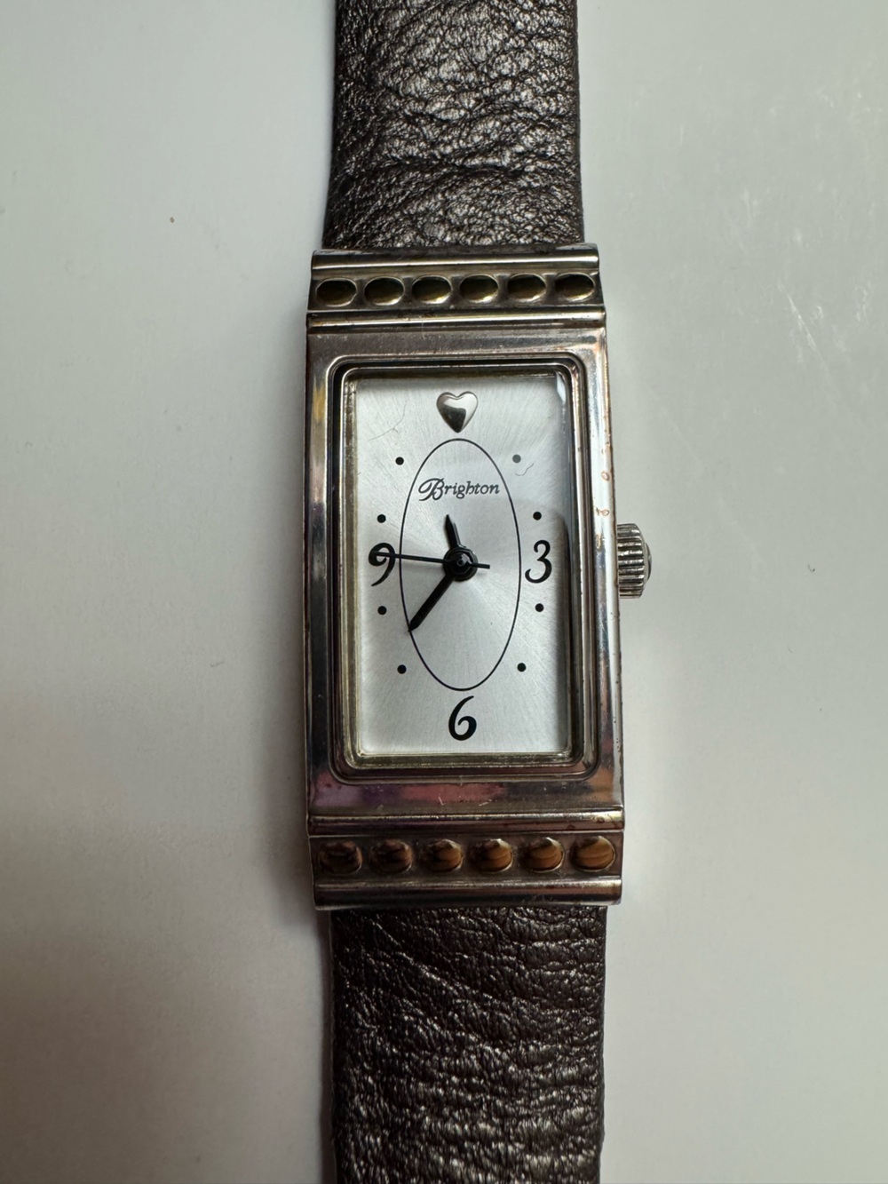 Brighton Silver-Tone Rectangular Watch with Bronze Leather Strap